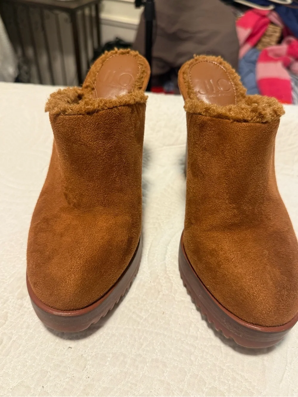 JLO Jennifer Lopez Faux Suede Fur Lined Mule Heels Platform Clogs Brown Size 7.5